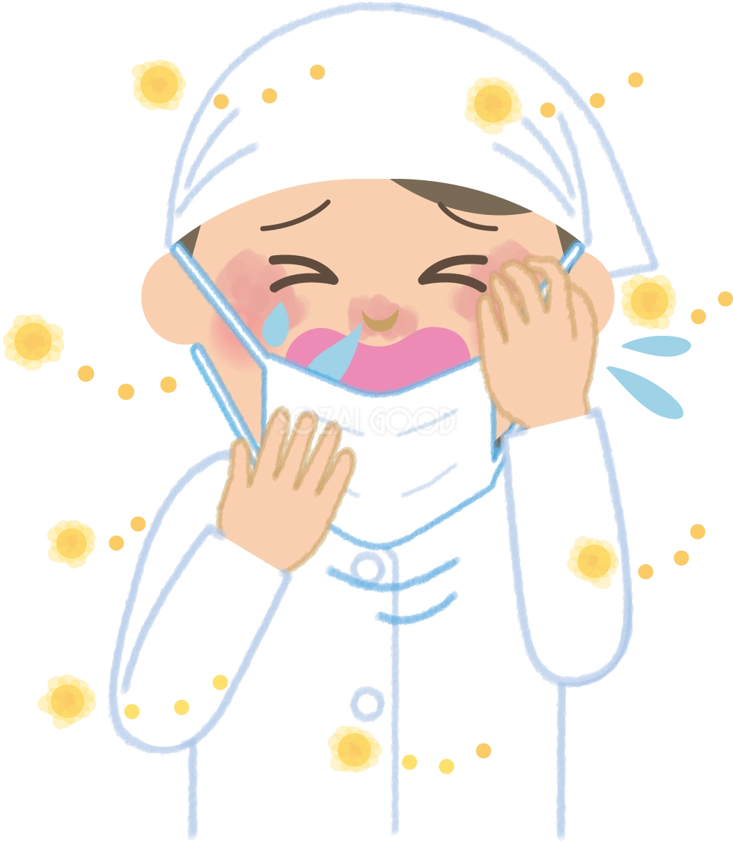 給食のおばさんの花粉症 無料イラスト(マスク くしゃみ 鼻水 目の痒み)62806
