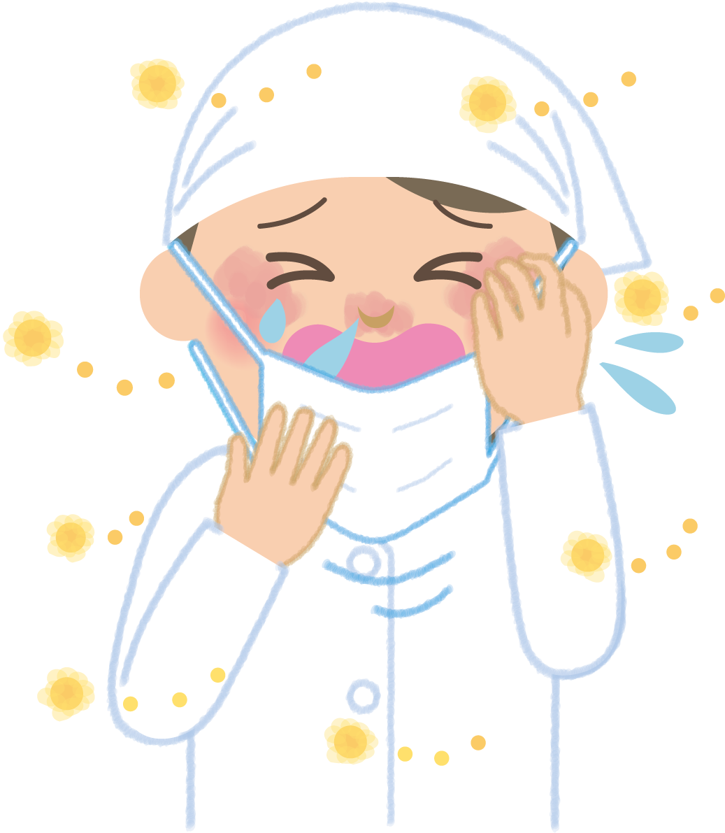 給食のおばさんの花粉症 無料イラスト(マスク くしゃみ 鼻水 目の痒み)62806に写真・文字を入れる