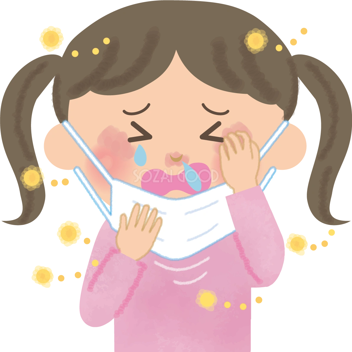 女の子(小学生)の花粉症 無料イラスト(マスク くしゃみ 鼻水 目の痒み)62842