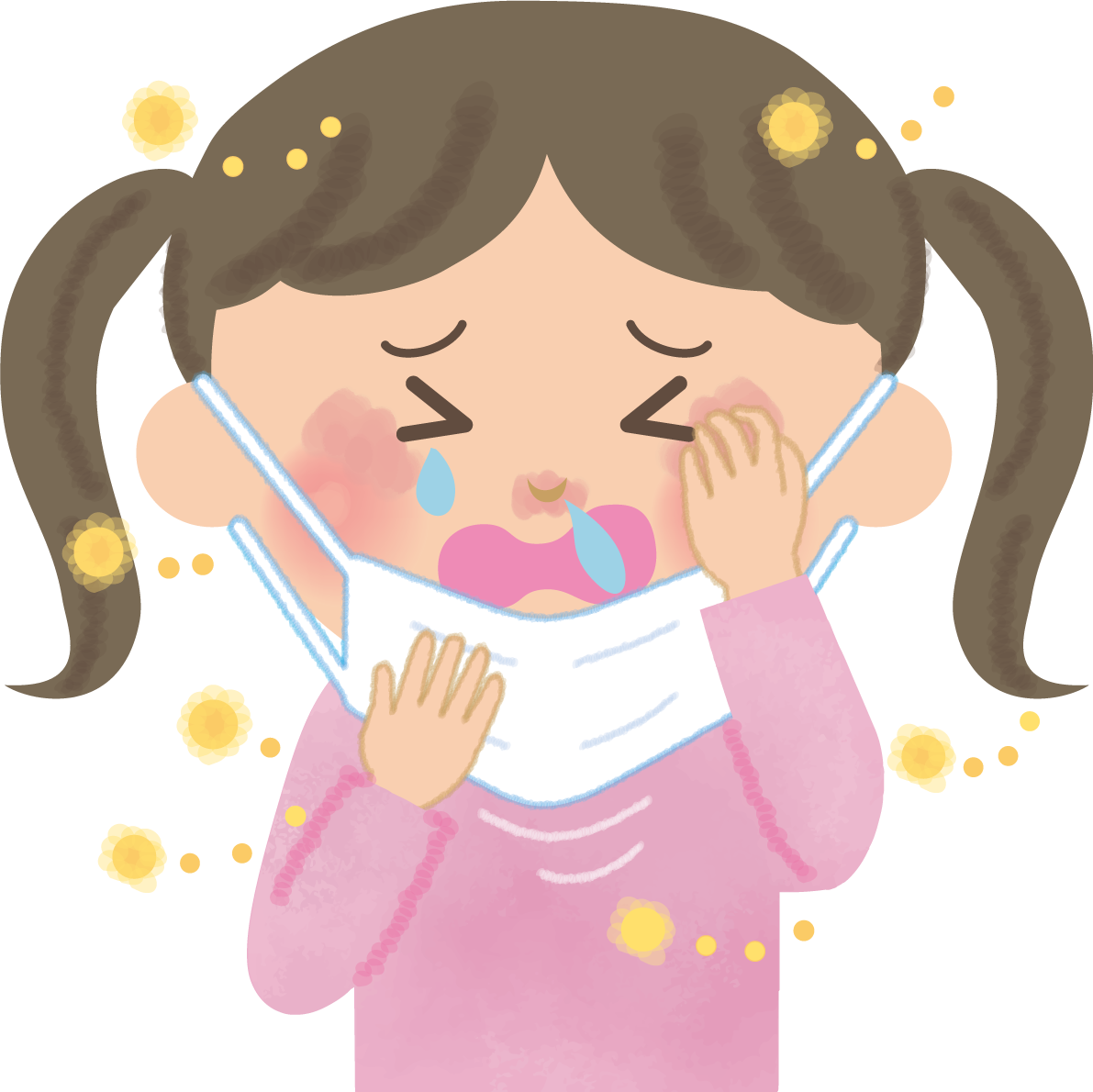 女の子(小学生)の花粉症 無料イラスト(マスク くしゃみ 鼻水 目の痒み)62842に写真・文字を入れる