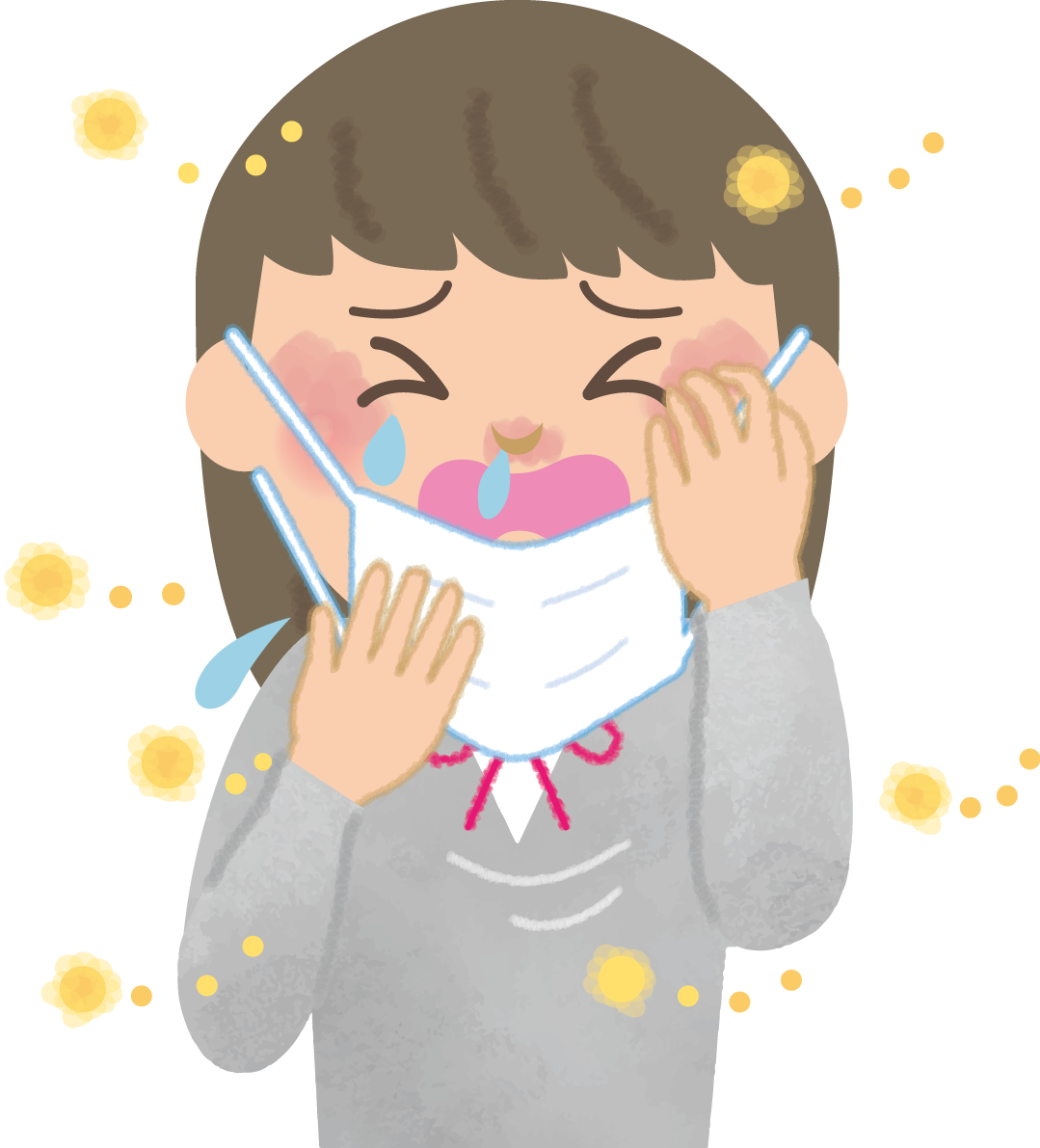 女の子(中学生)の花粉症 無料イラスト(マスク くしゃみ 鼻水 目の痒み)62846に写真・文字を入れる
