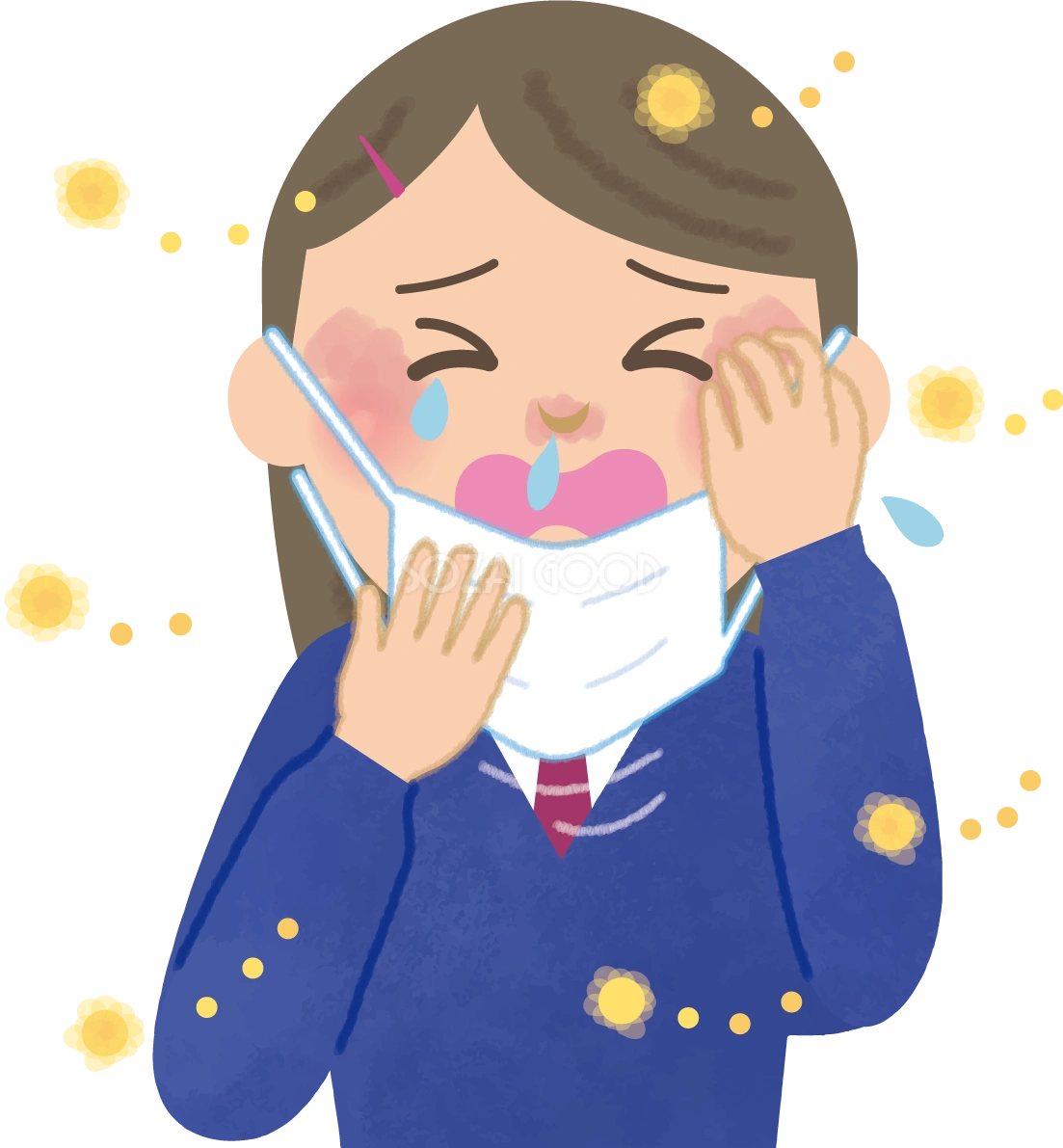 女子高生の花粉症 無料イラスト(マスク くしゃみ 鼻水 目の痒み)62854
