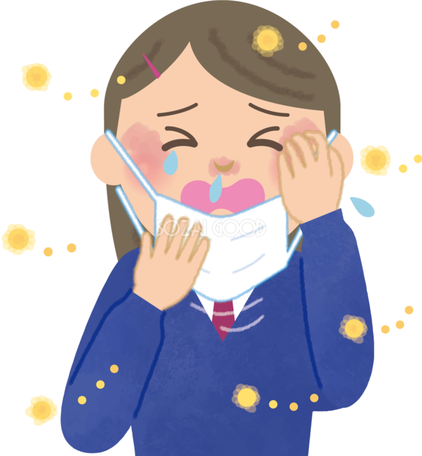 女子高生の花粉症 無料イラスト マスク くしゃみ 鼻水 目の痒み 62854