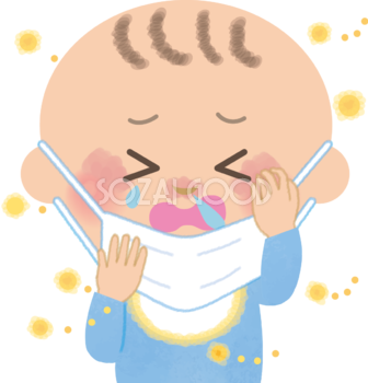 赤ちゃんの花粉症 無料イラスト(マスク くしゃみ 鼻水 目の痒み)62858