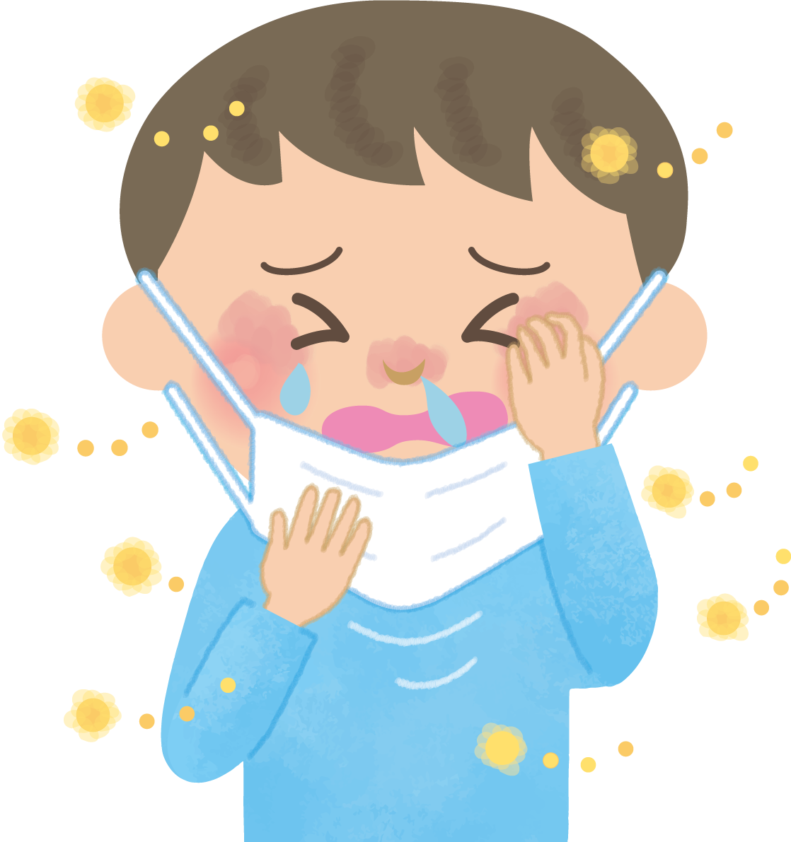 男の子(小学生)の花粉症 無料イラスト(マスク くしゃみ 鼻水 目の痒み)62862に写真・文字を入れる