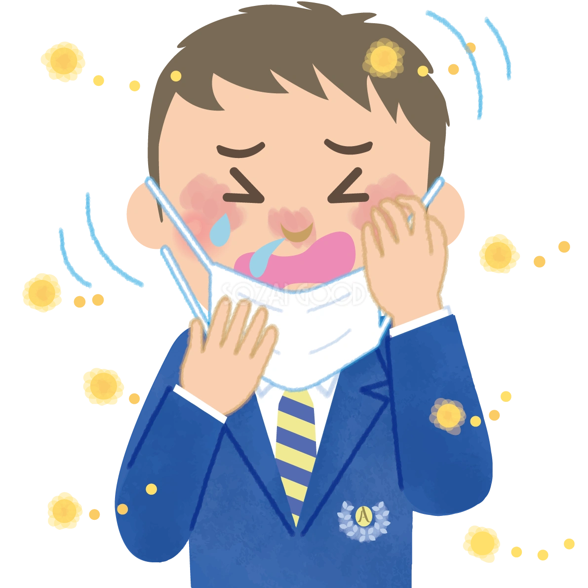 男子高校生の花粉症 無料イラスト(マスク くしゃみ 鼻水 目の痒み)62874