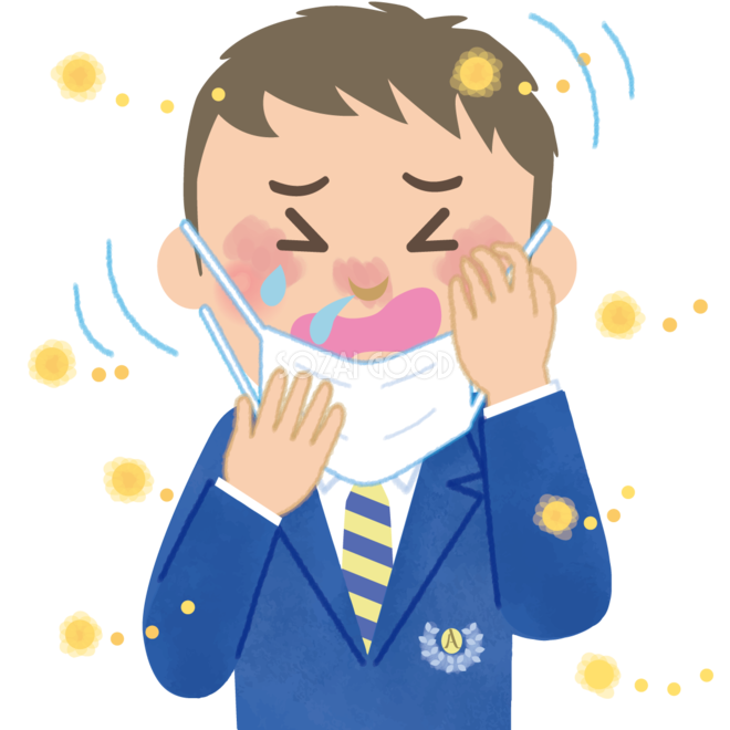 男子高校生の花粉症 無料イラスト マスク くしゃみ 鼻水 目の痒み