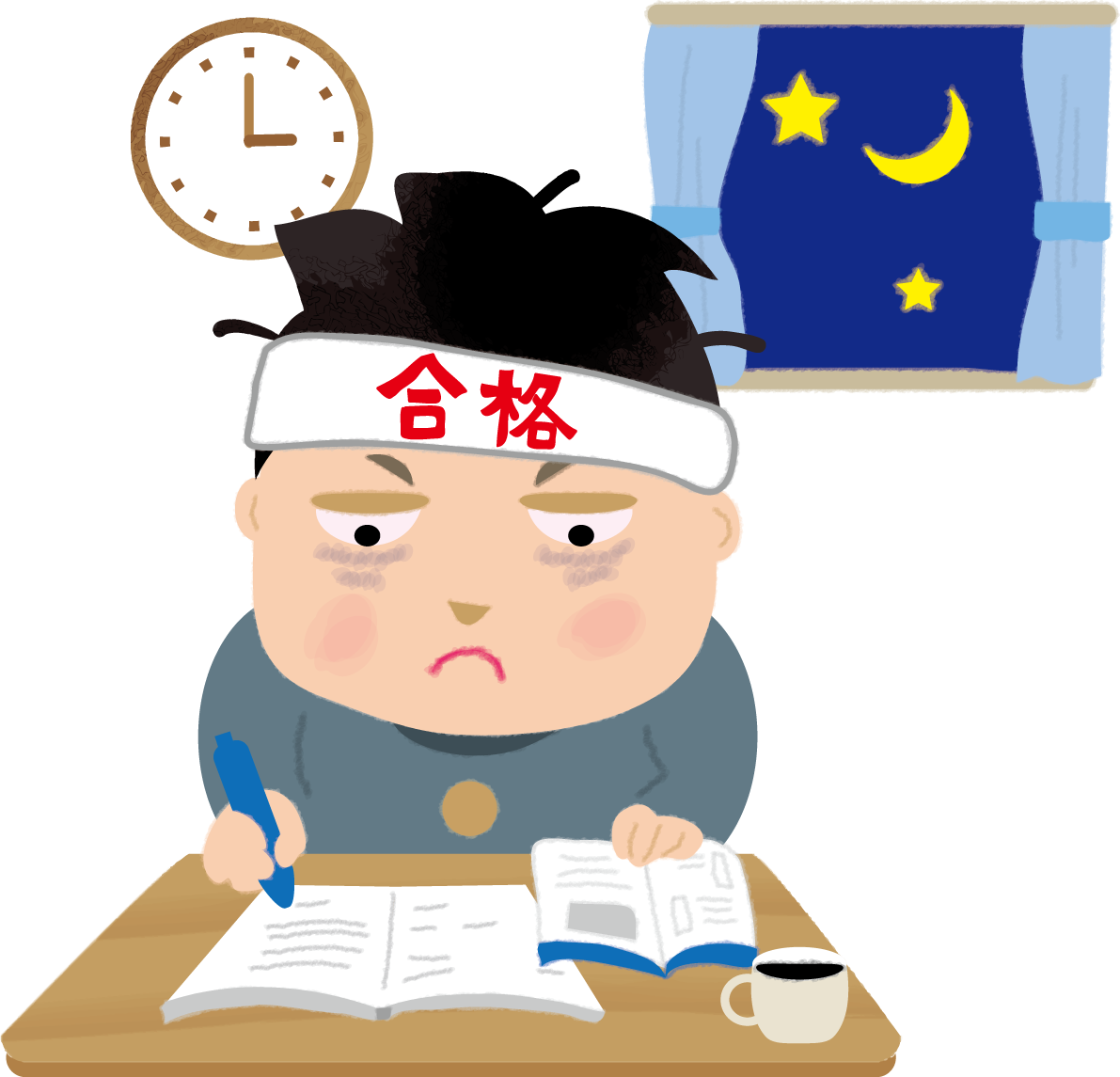 男子学生が徹夜で受験勉強の無料イラスト63466に写真・文字を入れる