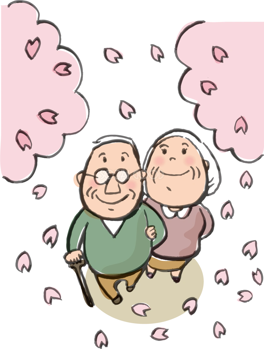 満開の桜の木を見上げ花見する高齢者夫婦 春の無料イラスト63923