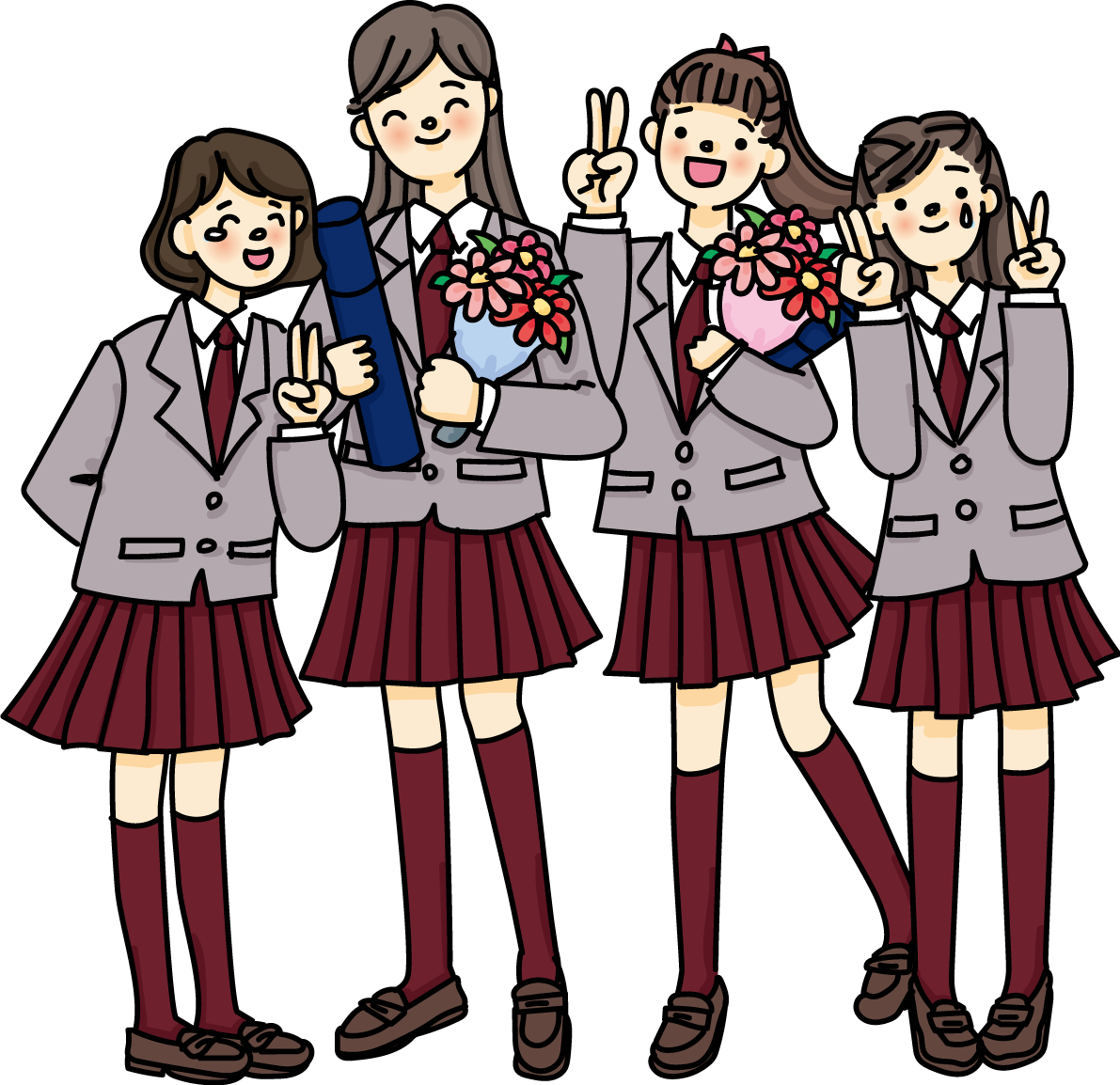 花束と卒業証書を持ち感動する卒業生(中学生 高校生)無料イラスト64077に写真・文字を入れる