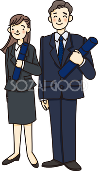 社会人スーツ姿の男女が卒業証書を持ち笑顔の無料イラスト64113