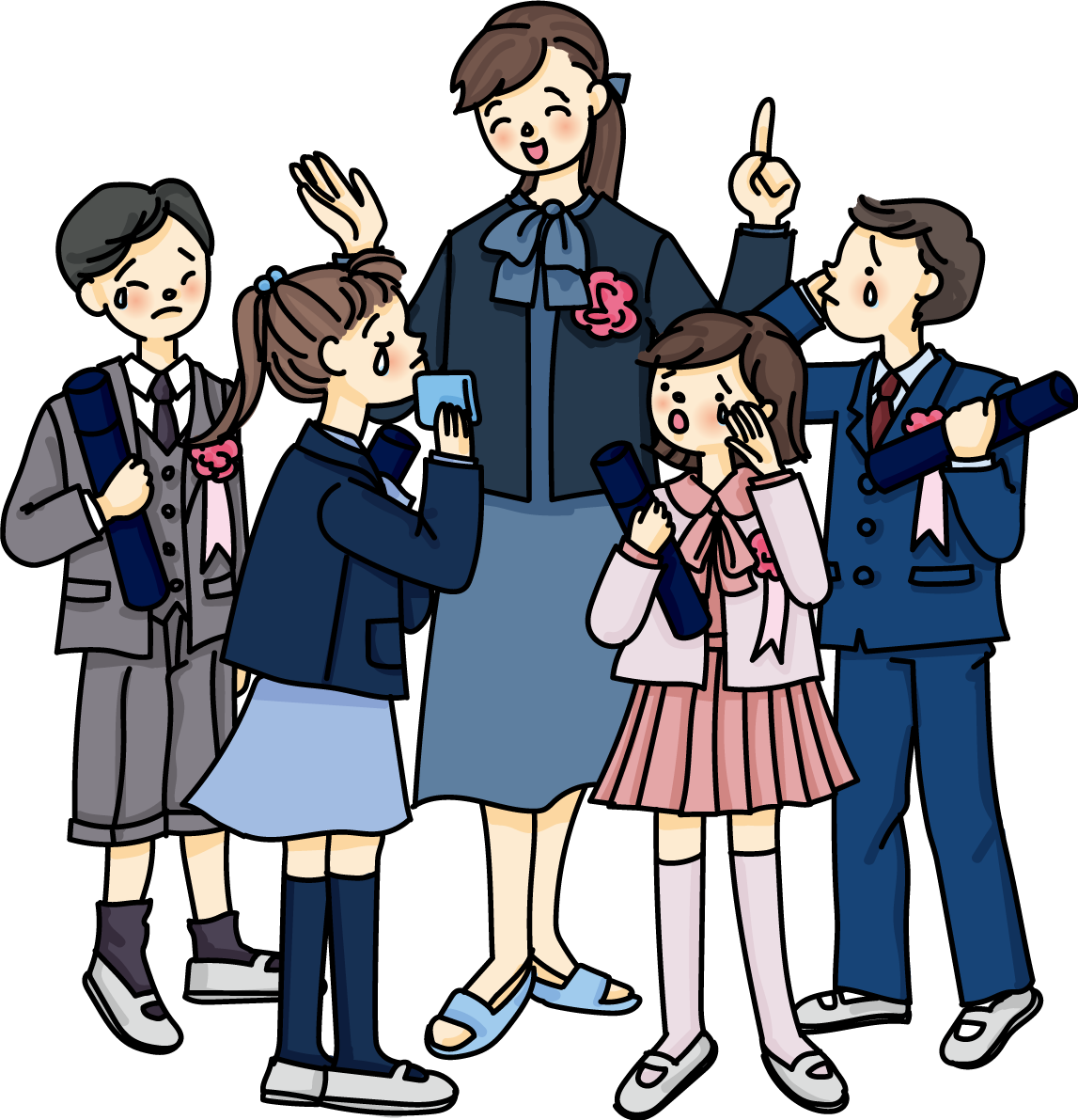 小学校の卒業式に先生を囲んで生徒たちが感動し涙する無料イラスト64125に写真・文字を入れる