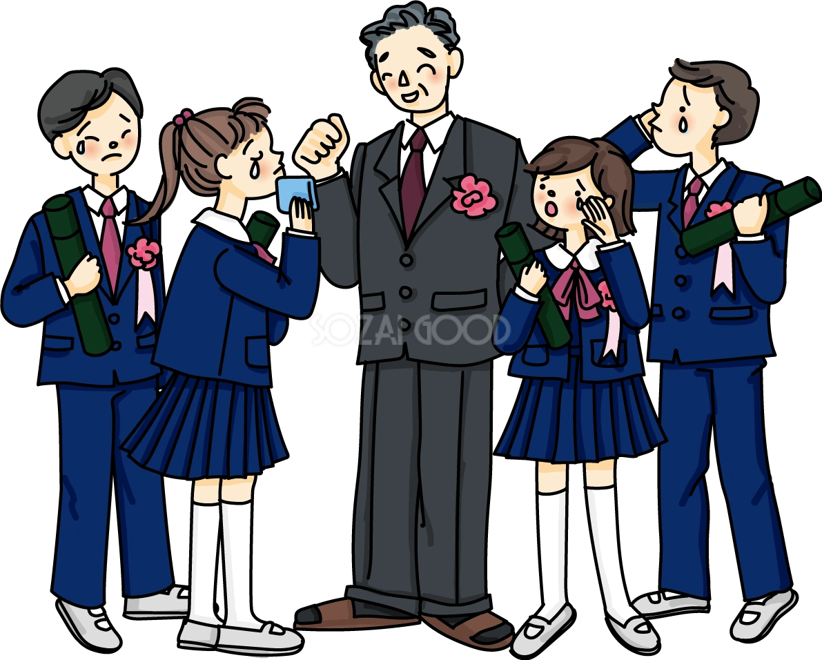 中学校の卒業式に先生を囲んで生徒たちが涙ぐむ感動シーン無料イラスト64192