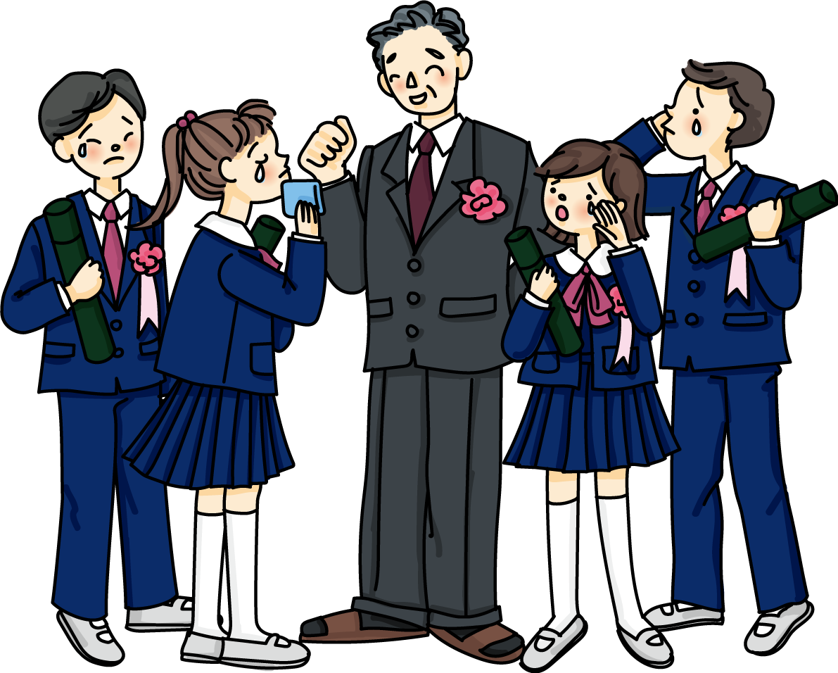 中学校の卒業式に先生を囲んで生徒たちが涙ぐむ感動シーン無料イラスト64192に写真・文字を入れる
