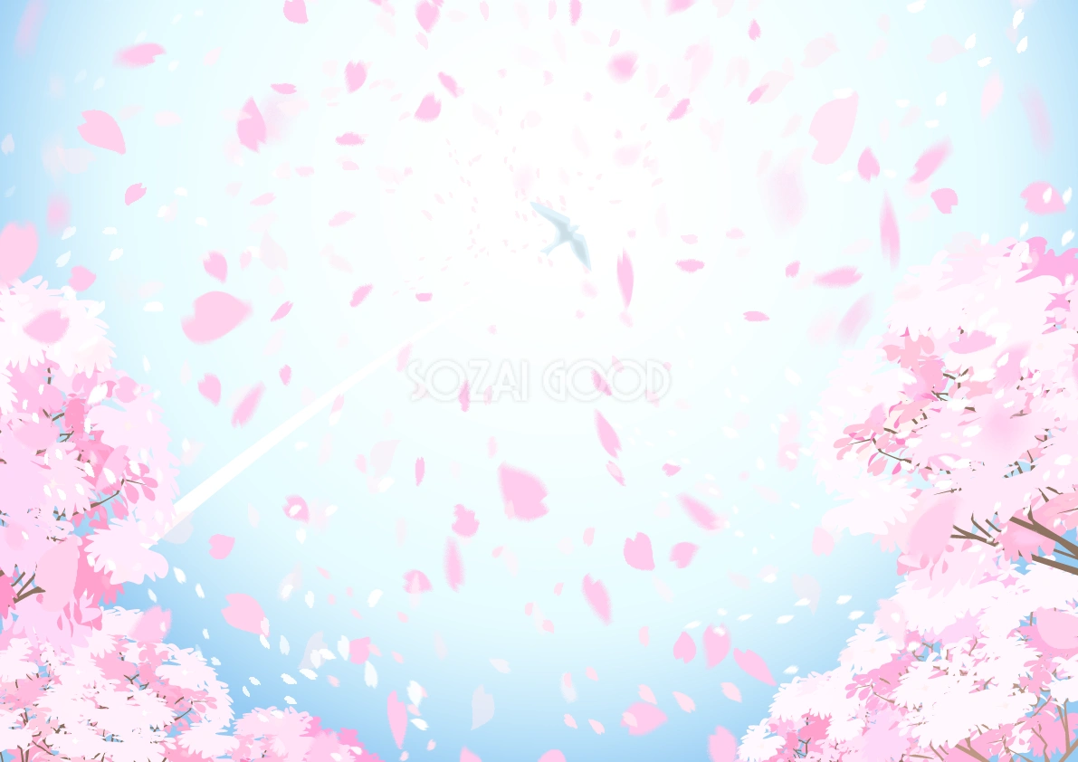 桜の花びらが鰯の群れの様に散るリアルな桜の木の背景無料イラスト64480