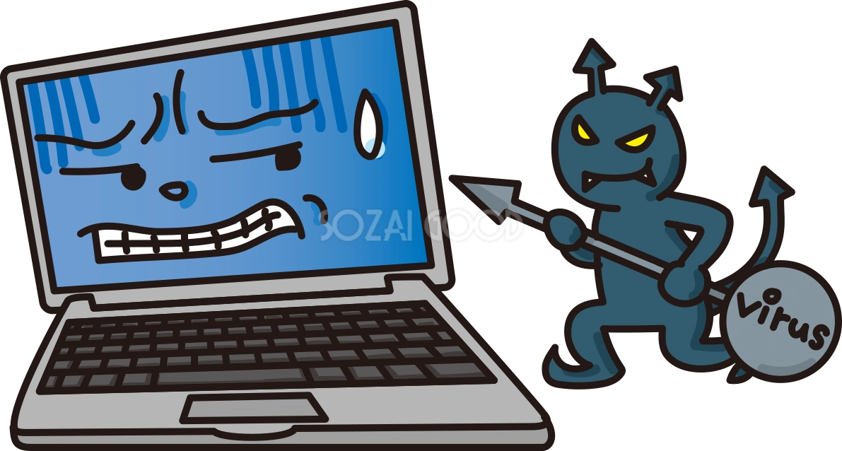 ウイルスに攻撃されて苦しんでるかわいいパソコンの無料イラスト64977