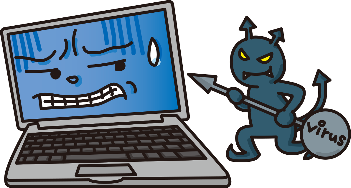 ウイルスに攻撃されて苦しんでるかわいいパソコンの無料イラスト64977に写真・文字を入れる