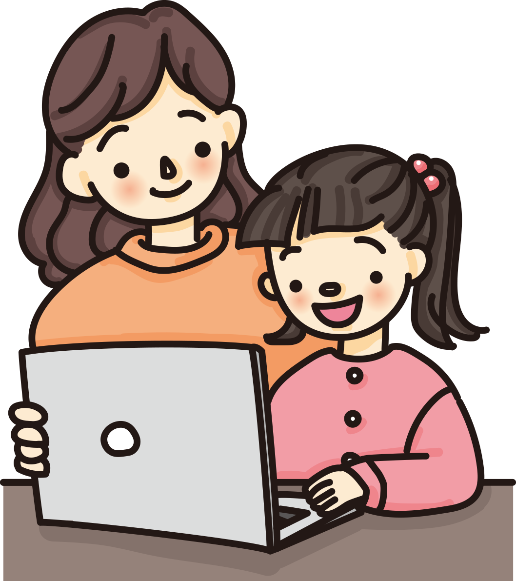 お母さんと子供が一緒にパソコンの画面をのぞくかわいい無料イラスト64989に写真・文字を入れる
