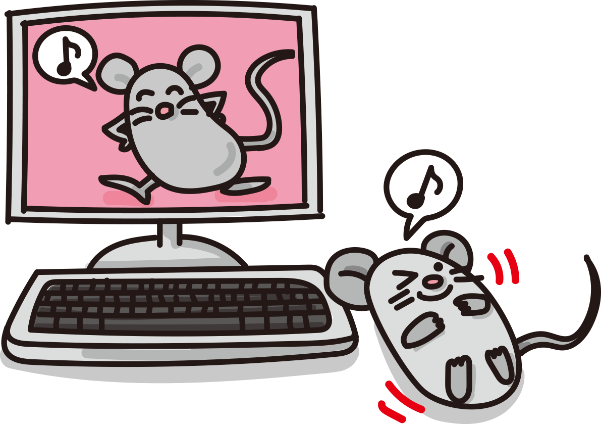かわいいねずみが楽しそうにパソコンを操作する無料イラスト65021に写真・文字を入れる
