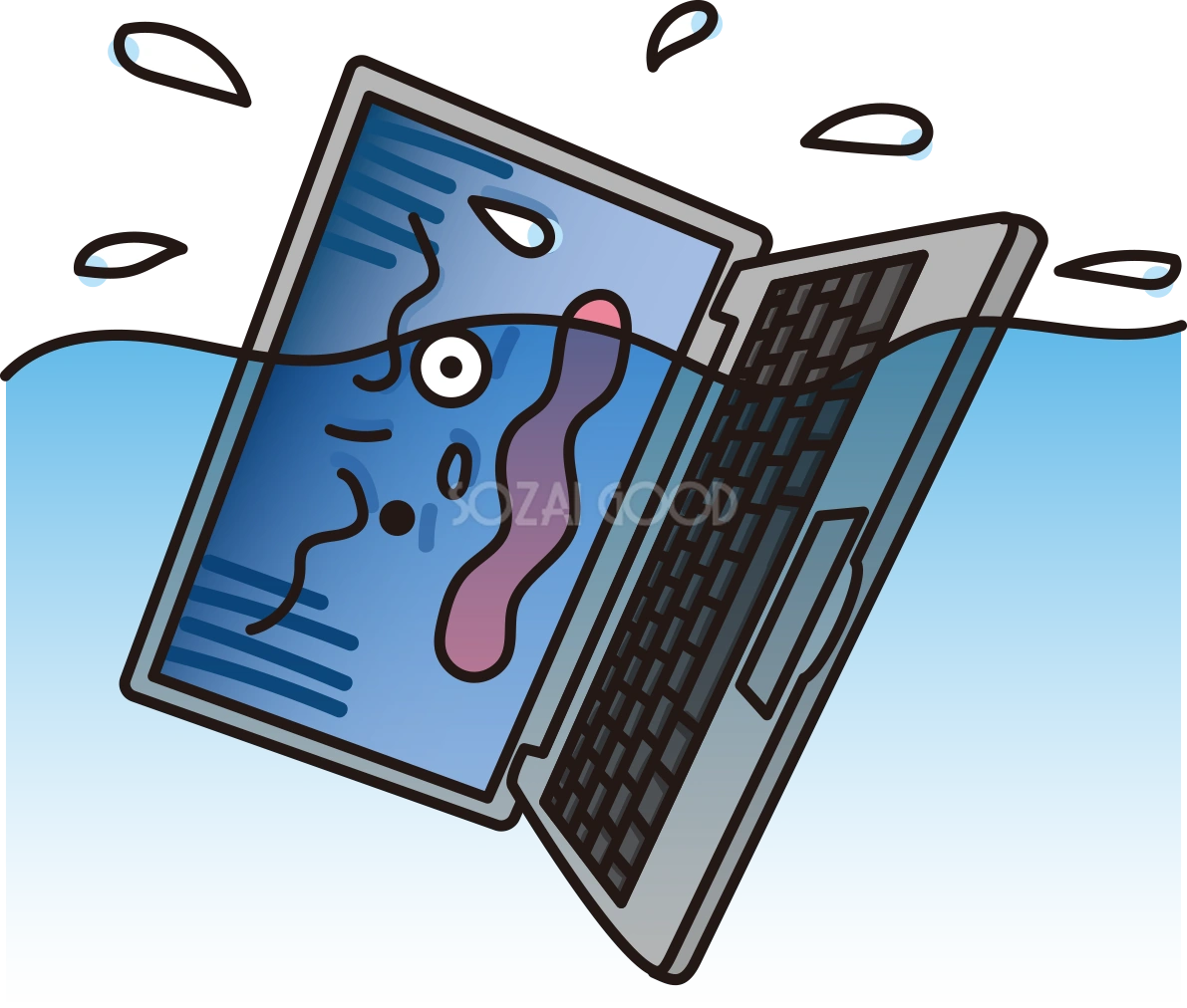 かわいいパソコンが水没している無料イラスト65045