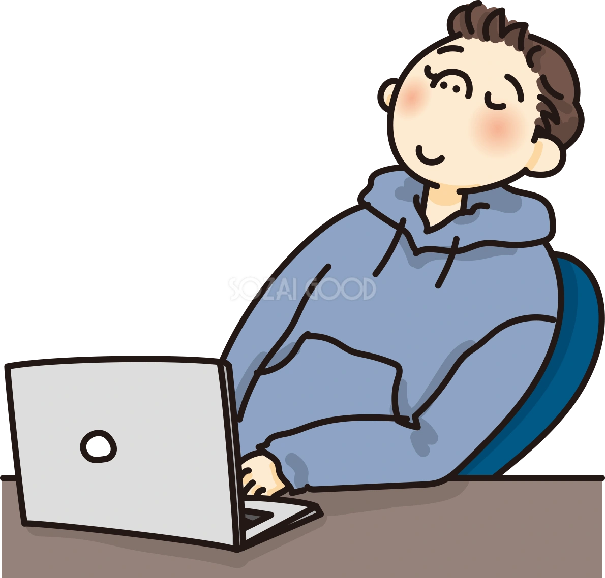 パソコン作業をしながら深呼吸する人のかわいい無料イラスト65104