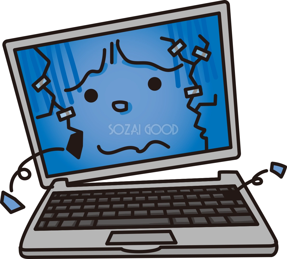 壊れて困っている顔のかわいいパソコン無料イラスト65124