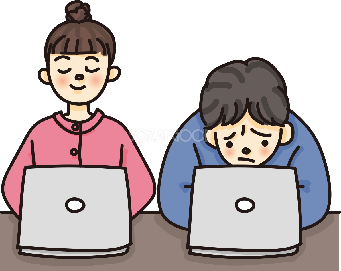 猫背と姿勢良くパソコンを使う人の比較かわいい無料イラスト65168