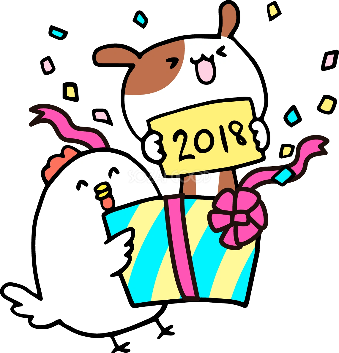 プレゼント箱から戌が元気良く飛び出る2018(戌)無料イラスト65282