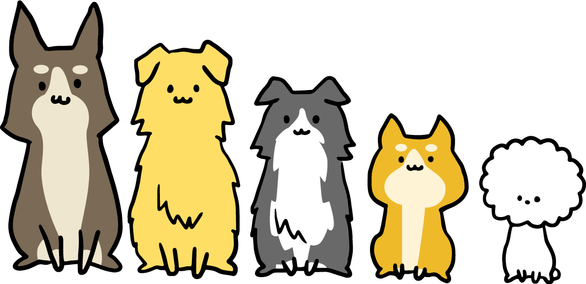 様々な犬種の犬が大きさ順に横向に並んだ2018(戌)無料イラスト65437に写真・文字を入れる