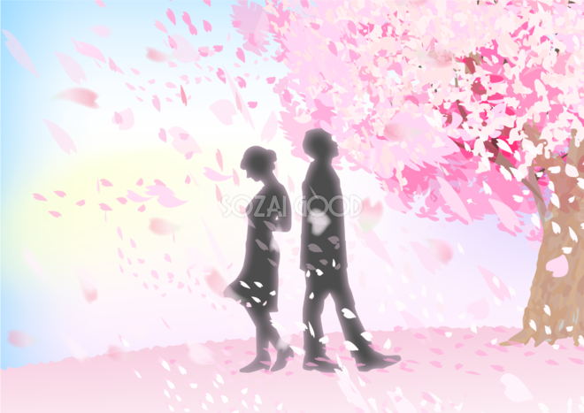 桜吹雪に背を向けう花見男女シルエット背景無料イラスト 素材good