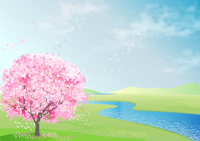 満開のリアルな桜の木と川が流れている背景無料イラスト65458 素材good