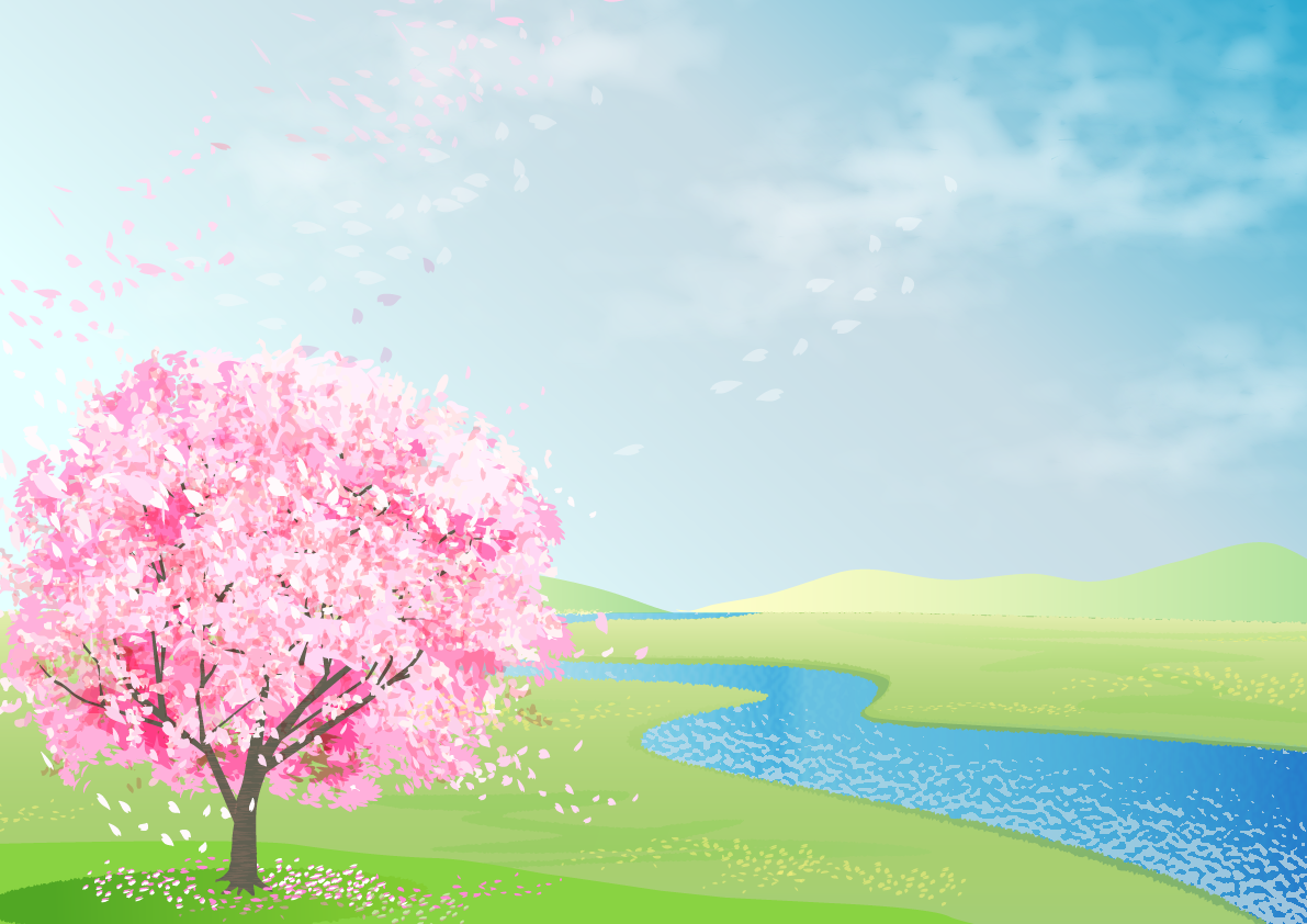 満開のリアルな桜の木と川が流れている背景無料イラスト65458に写真・文字を入れる