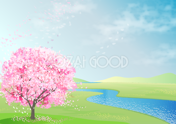 満開のリアルな桜の木と川が流れている背景無料イラスト65458