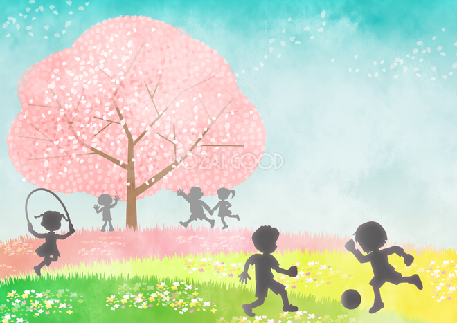 桜の木と可愛い子供シルエットの背景無料イラスト 素材good