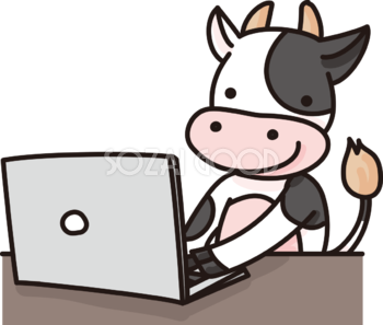 牛がパソコンで文字打ちするかわいい無料イラスト65825