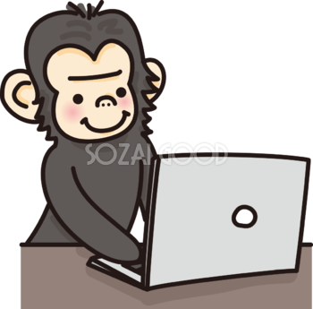 チンパンジーがパソコンで文字打ちするかわいい無料イラスト65978