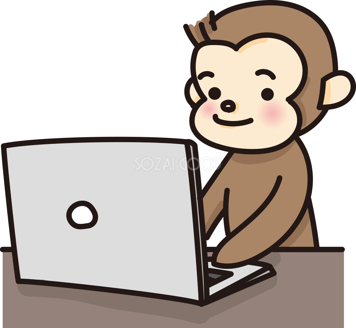 猿がパソコンで文字打ちするかわいい無料イラスト66019