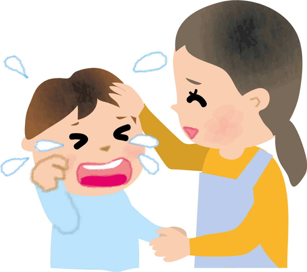 泣き叫んでいる子どもを宥める保育士(女性)の無料イラスト66131に写真・文字を入れる