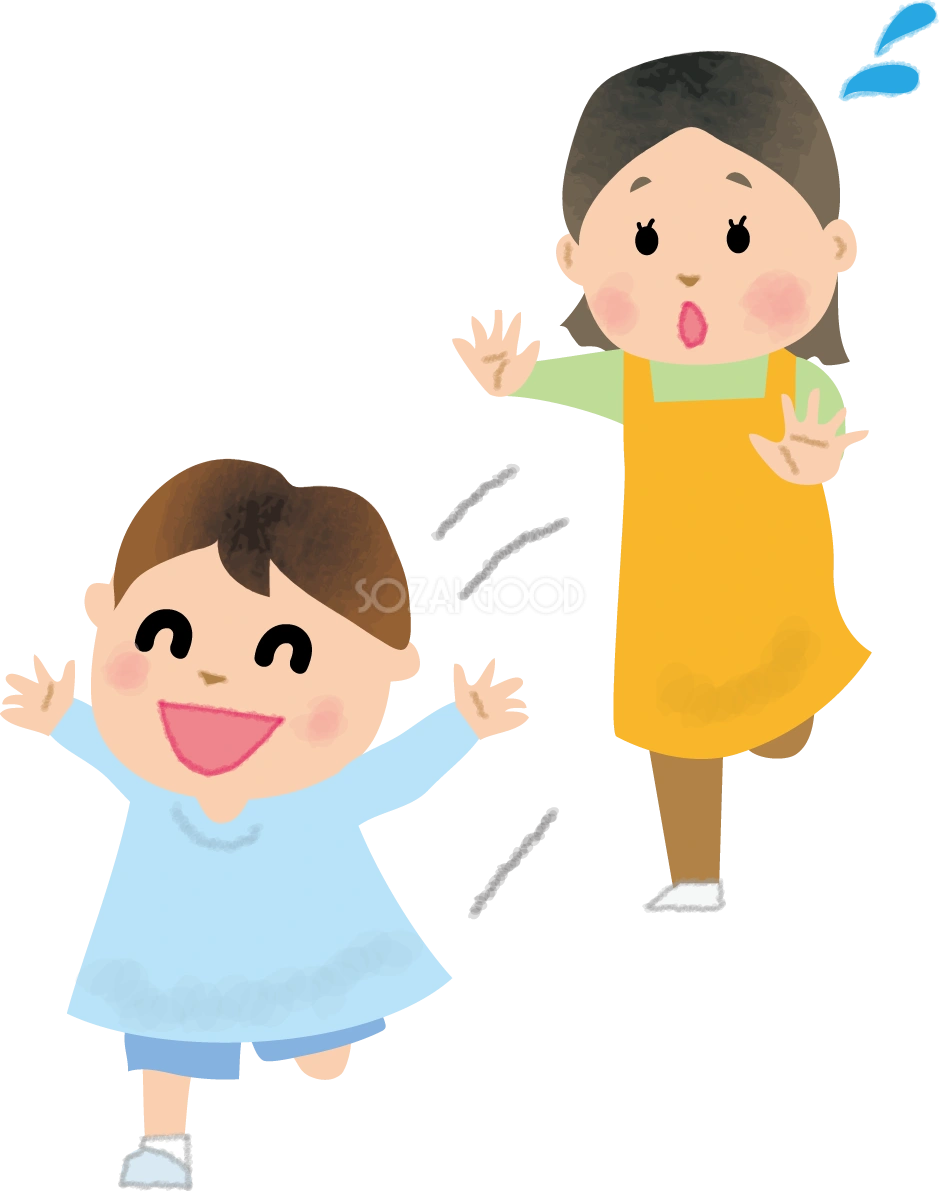 保育園で走り回る子供を追いかけ保育士(女性)の無料イラスト66175