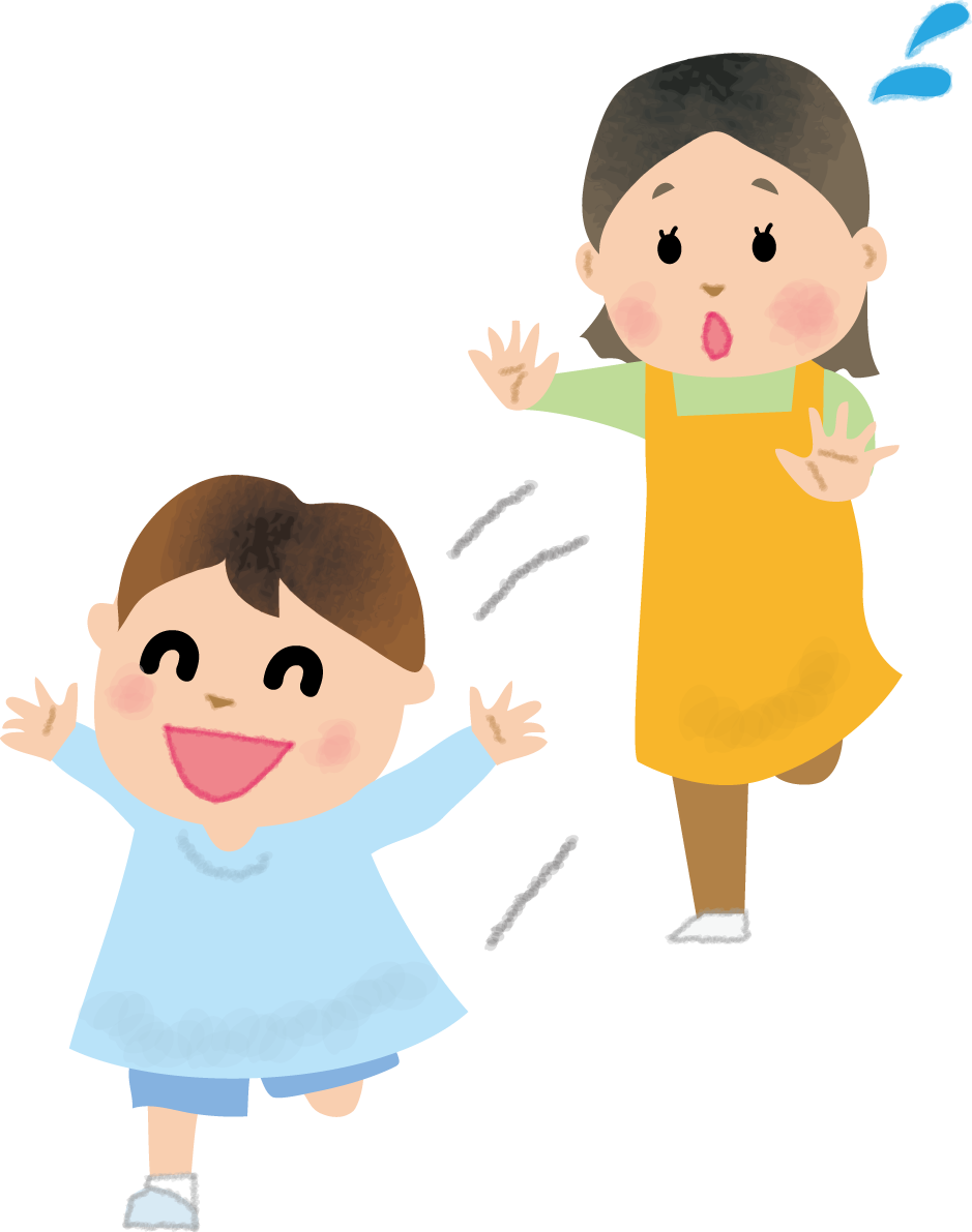保育園で走り回る子供を追いかけ保育士(女性)の無料イラスト66175に写真・文字を入れる