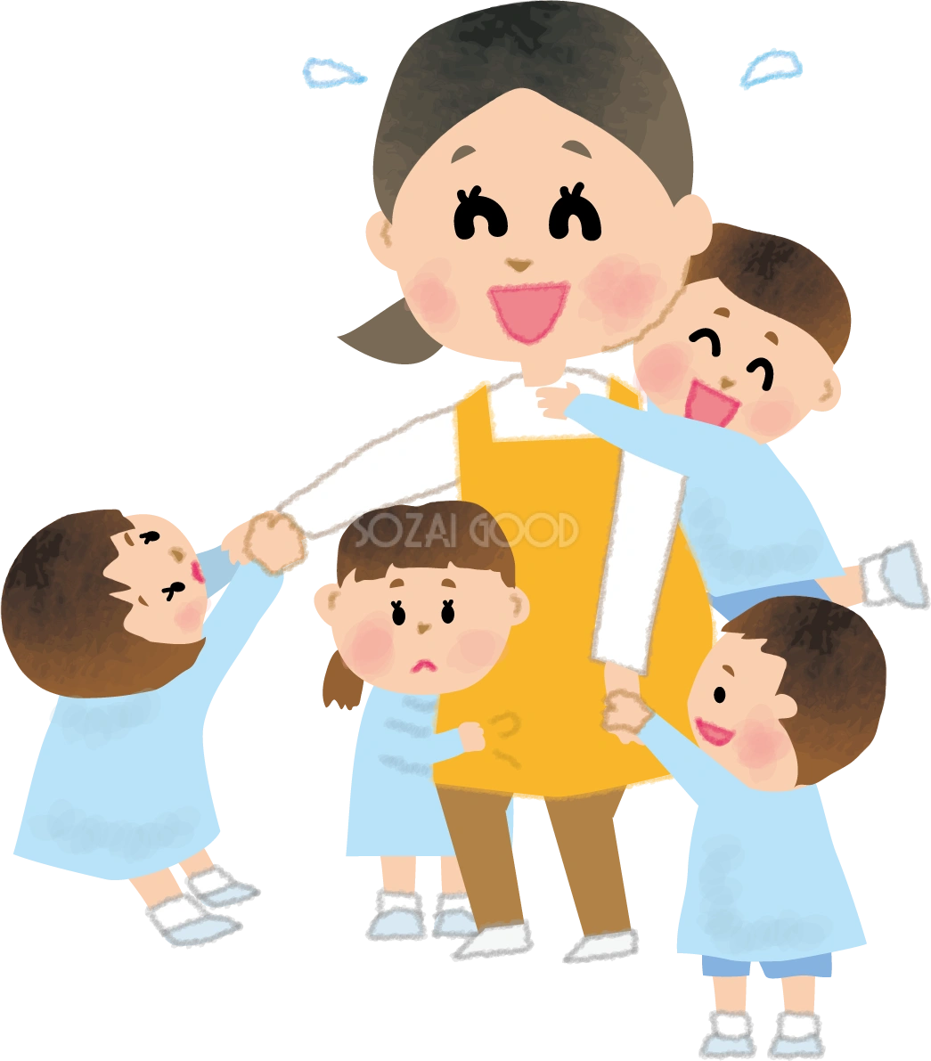 保育園児たちに引っ張りだこの保育士(女性)の無料イラスト66191