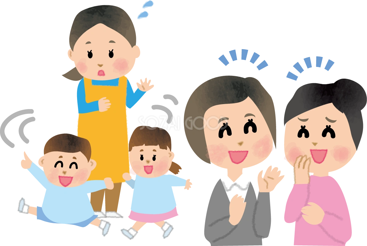 遊び回る子どもを見守る保育士(女性)と保護者の無料イラスト66203