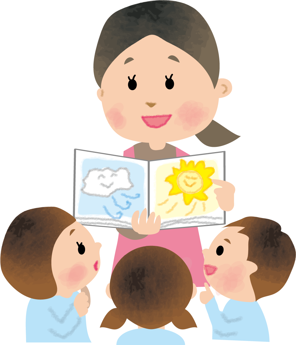 幼稚園児に保育士(女性)が絵本を読み聞かせする無料イラスト66207に写真・文字を入れる