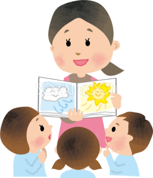 幼稚園児に保育士(女性)が絵本を読み聞かせする無料イラスト66207