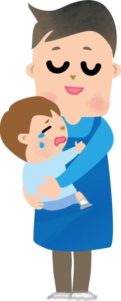 泣いている保育園児をあやす男性保育士の無料イラスト66223