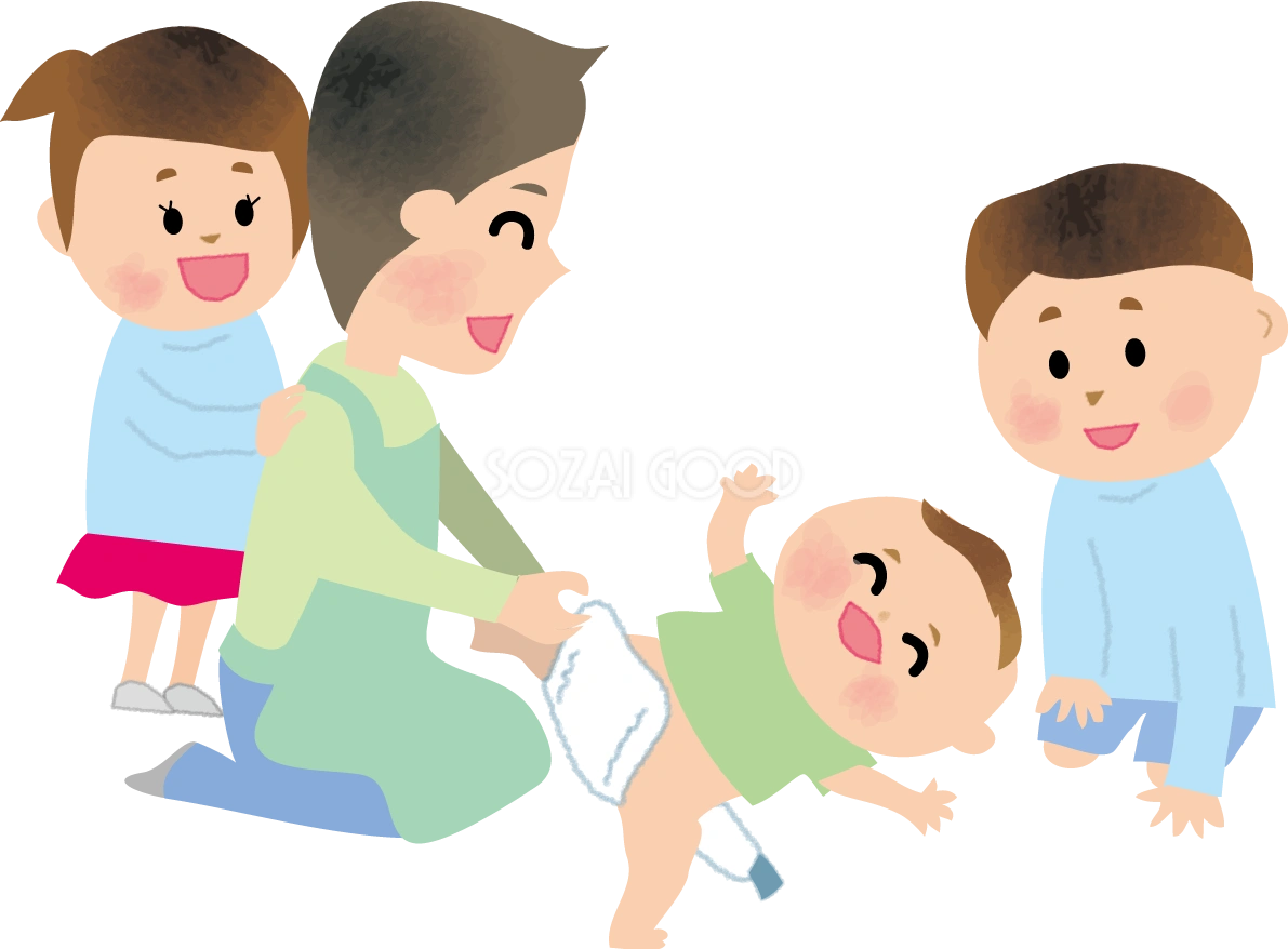 保育園で紙オムツをとりかえる男性保育士の無料イラスト66239