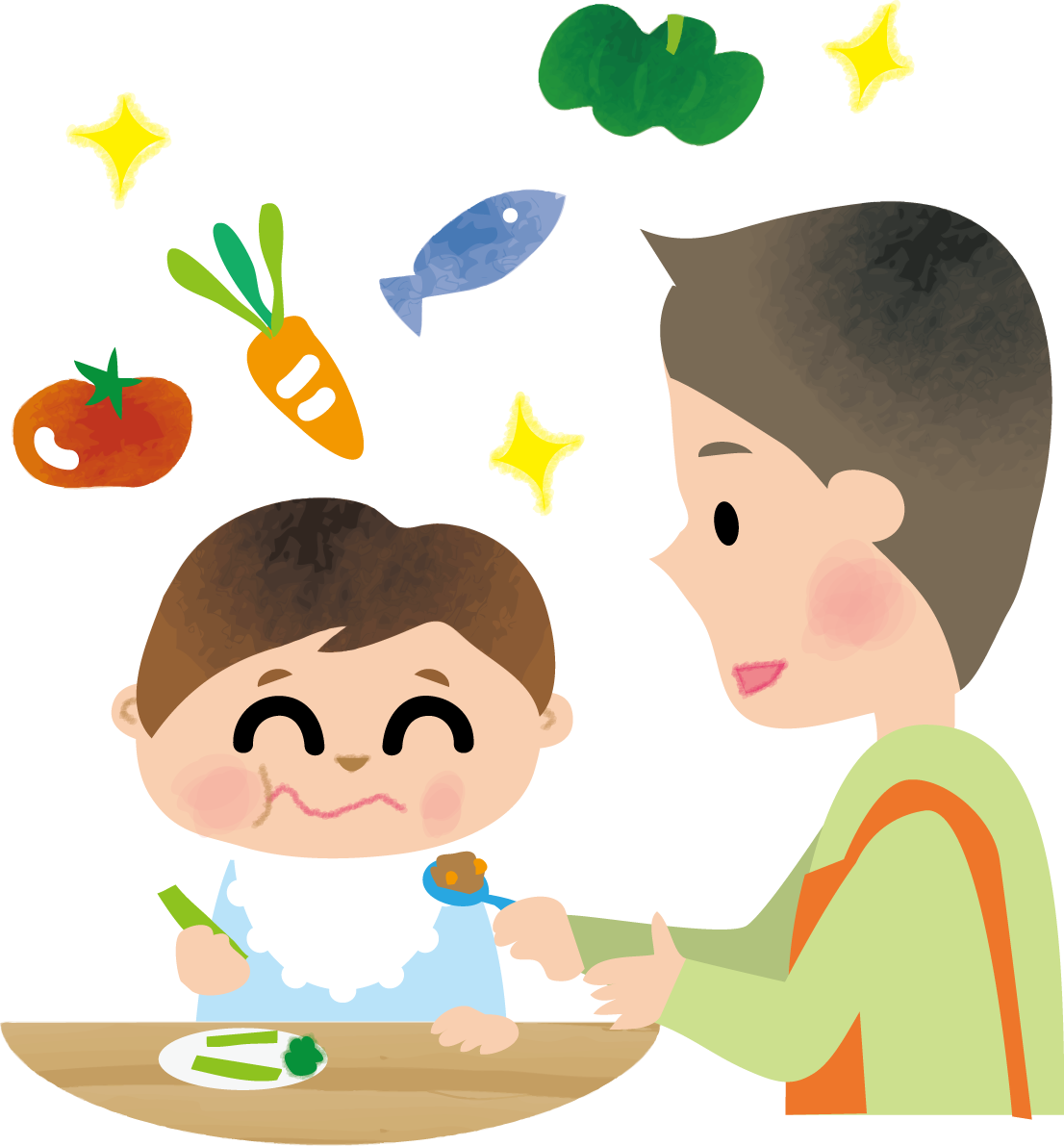 保育園で離乳食を安心し与える男性保育士の無料イラスト66243に写真・文字を入れる