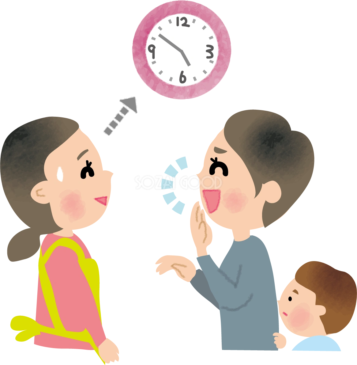 保育園に迎えにきた保護者と時計を気にする保育士(女性)の無料イラスト66247