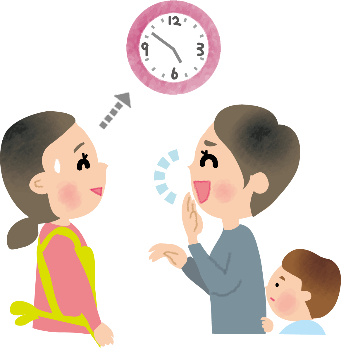 保育園に迎えにきた保護者と時計を気にする保育士(女性)の無料イラスト66247に写真・文字を入れる