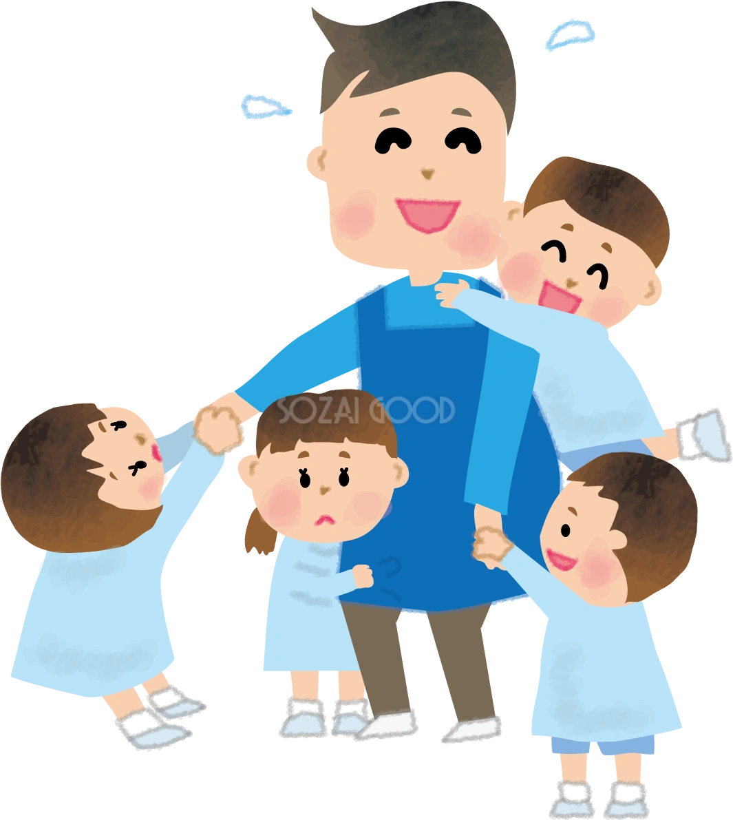 保育園児たちに引っ張りだこの男性保育士の無料イラスト66255